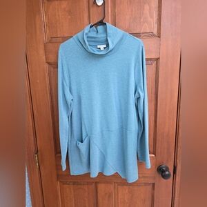 Relaxed Cowl Neck Long-Sleeve Sweater Tunic - Light Teal